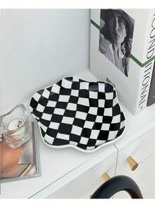 2 Stück Keramik Löffelablage, blumenförmiger Suppenlöffelhalter, kleine Tellerschale, Schachbrett- & Wolkenmuster Keramikteller, Dessert-/Salat-/Frühstücksteller, elegante Schmuck- & Kosmetikaufbewahrungsschale, geeignet als Fotografie-Requisite