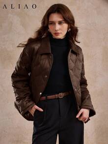 Aliao 优雅菱格纹绗缝夹克，带口袋，冬季外套，防风衣，秋季服装，新年装，商务休闲女装，端庄优雅 - 深咖 - 查看 4