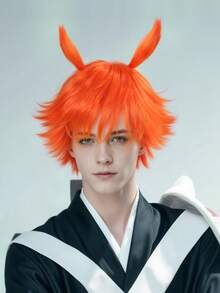 Short Orange Synthetic Straight Bangs Wig With Plush Horn Hair Hoop Men Women, Halloween Party Costumes, Christmas Gatherings, Anime Cosplay, Birthday Celebrations, Shows & Themed Events, Soft & Breathable Wig For Daily Fashion & Festival Use​, Stylish & Easy-Care & Durable & Easy To Style & Comfortable To Wear​, Ideal Choice For Gifts, Stage Props Decors - Multicolor - View 12
