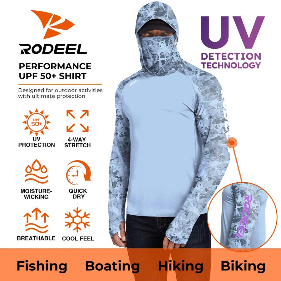RODEEL Sun Hoodie Shirts W/ UV Detection Mask Neck Gaiter Thumbhole Men UPF 50+ Sun Protection Long Sleeve Lightweight Quick Dry Moisture Wicking Breathable Cooling Athletic Activewear For Outdoor Fishing Roofing Construction, Holiday Gift - 薄荷藍 - 查看 1