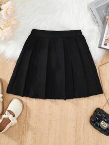 Girls Knitted Sweater Skirt, A-Line Elastic Waist, Suitable For 4-12 Years Old Girls, Casual & Elegant Solid Color, Simple Style, Autumn/Winter - Black - View 6