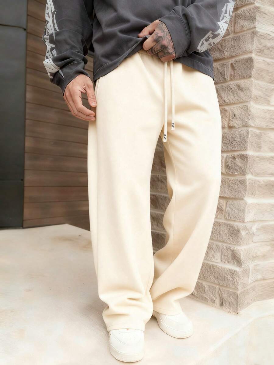 Men's Drawstring Waist Loose Wide Leg Casual Sweatpants, Autumn/Winter - Apricot - View 1