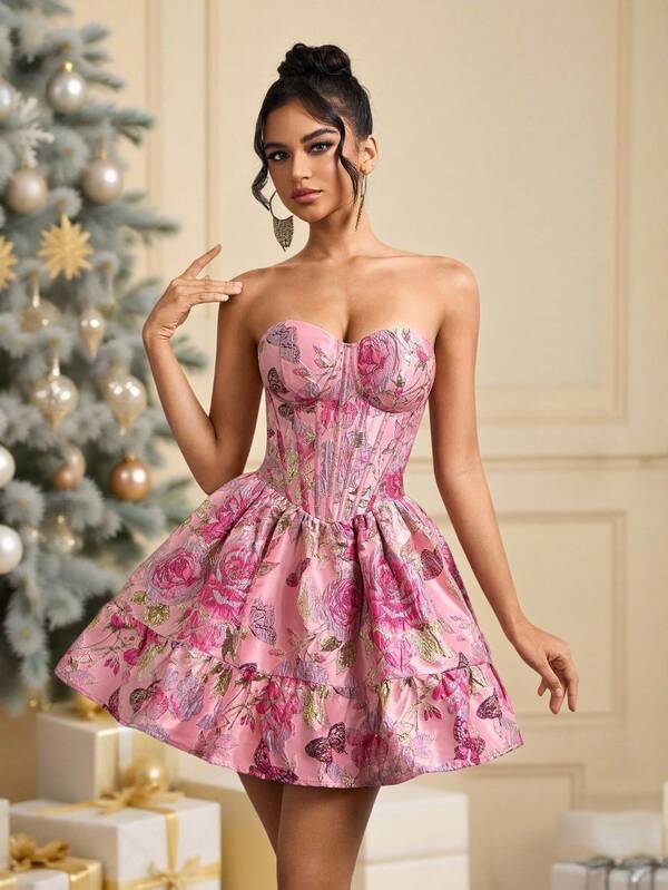 Minifalda de princesa rosa y linda, vestido de cóctel de lujo y sexy de jacquard, silueta entallada y acampanada, adecuado para fiesta de cumpleaños, fiesta de cóctel, evento navideño