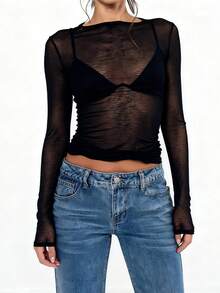 Y2K 女士透视T恤，夏季弹力长袖圆领修身性感沙滩露脐上衣 - 黑色 - 查看 2