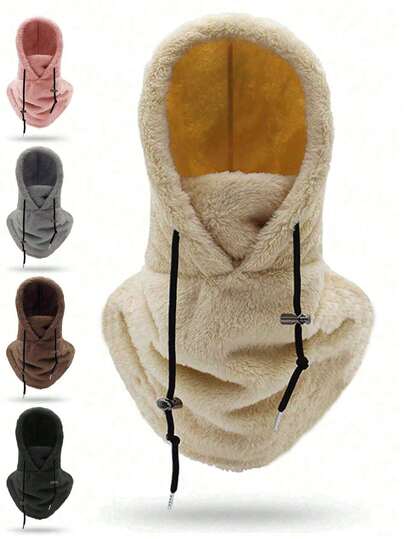 Women's Fashionable Fluffy Hooded Scarf/Hat, Warm Fleece Neck Gaiter/Balaclava With Adjustable Drawstring, Super Soft Faux Fur Neck Warmer With Leopard Print Lining, Suitable For Face And Neck Coverage, Ideal For Women, Perfect For Skiing, Snowboarding, Cycling, Hiking, And Adventure Activities In Winter, Suitable For Winter Sports, Travel, And Commuting