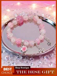 Crystal Beaded Bracelet For Women, Glass & Synthetic Crystal Bracelet, Elegant Adjustable Stretch Bracelet With  Flower Beads, Dainty Bohemian Beaded Jewelry Gift - Hồng - Xem 1