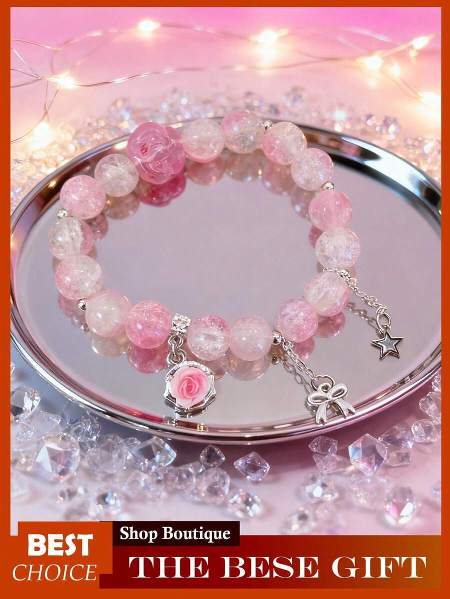 Crystal Beaded Bracelet For Women, Glass & Synthetic Crystal Bracelet, Elegant Adjustable Stretch Bracelet With  Flower Beads, Dainty Bohemian Beaded Jewelry Gift - Hồng - Xem 1