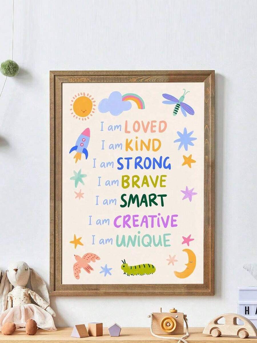1 tranh vải canvas treo tường kèm khung, dành cho phòng trẻ em, với những câu khẳng định tích cực. Hình minh họa sống động, câu nói "Tôi là...". Thông điệp truyền cảm hứng. Thích hợp trang trí phòng trẻ em, phòng em bé, phòng chăm sóc trẻ em, trường mẫu giáo, phòng bé trai/bé gái, phòng vui chơi. Chống thấm nước. Quà tặng trang trí tiệc. - Nhiều màu - Xem 1