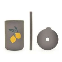 1个便携式婴儿吸管杯，180毫升硅胶防摔婴儿水瓶，飞机、水果、火箭、独角兽图案，防漏婴儿训练杯，锻炼抓握力，易于清洗，可用洗碗机清洗