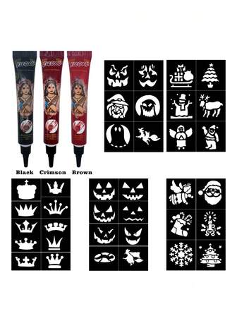 3 สี ชุดลายฉลุเฮนน่าแบบใช้แล้วทิ้งสำหรับคริสต์มาส – รอยสักชั่วคราวสำหรับเทศกาล, หมึก/ครีมสำหรับทาแบบมืออาชีพ, สีทาตัวกันน้ำ, กรวยเฮนน่าของขวัญสร้างสรรค์