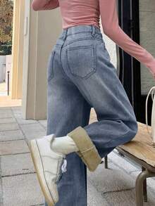 街头风直筒斜插口袋加厚牛仔保暖低腰牛仔裤，秋冬保暖裤，Y2K音乐节必备 - 炒花藍 - 查看 2