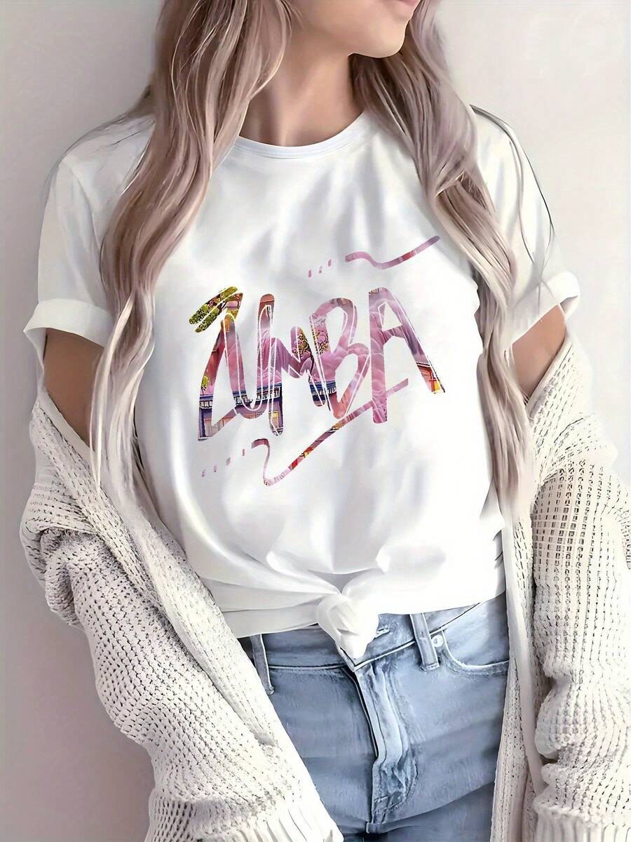 Camiseta de Cuello Redondo Ajustada para Mujer - Estampado ZUMBA con Diseño Salpicaduras Coloridas, Tejido Microelástico, Lavable a Máquina, Top Casual para Primavera Verano Otoño, Ropa Versátil, Tela Duradera y Cómoda - Blanco - Ver 1