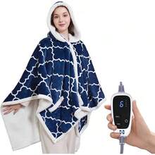 Wearable Heated Throw Blanket, Flannel & Sherpa Throw Shawl Poncho With Hoodie & Pocket, 6 Heating Levels & 2-10 Hours Auto Shut Off, Washable, 50x60 Inch, - Navy - View 12