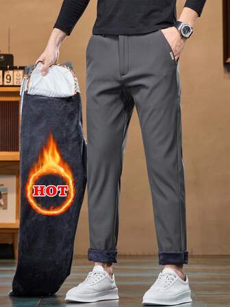 Pantalones casuales rectos y holgados de unicolor con bolsillo, forrados térmicamente, para otoño/invierno