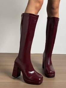 Plus Size Chunky Heel Riding Boots, New 2025 Autumn/Winter Women's High Heel Pointed Toe Side Zipper Boots,Burgundy Heels - Burgundy - View 6
