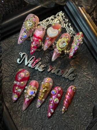 10pcs Stiletto Korean Style Gold 3D Decorative Chrome Y2K Full Coverage Fake Nail Set To Express Your Love, Rose Pink Tie Dye European Style Punk Cute Girl Bohemian Princess Style Decorative Music Festival Nordic Full Coverage Patch Nail Set, 3D Three-Dimensional Nail Rhinestone Steel Ball Accessories