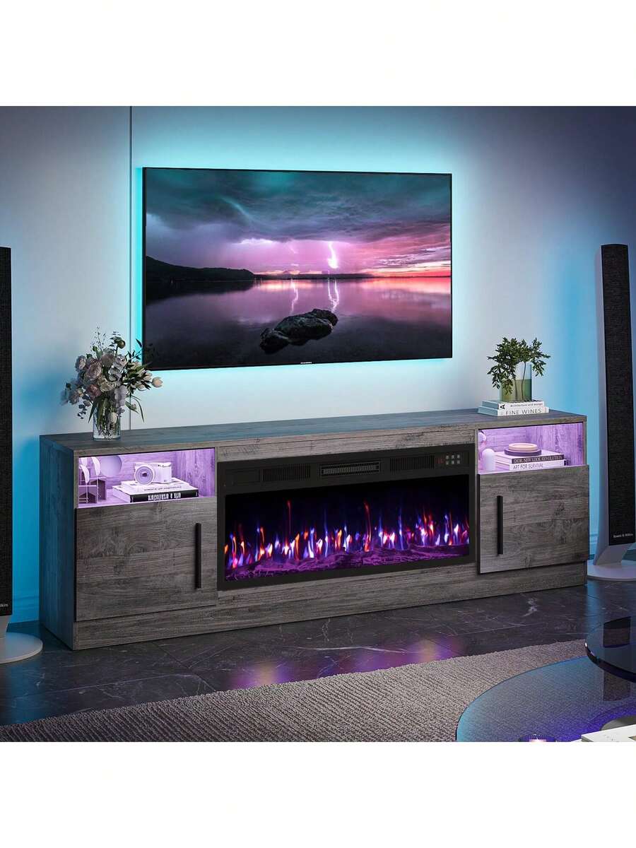 [2 Packages Shipping]Fireplace TV Stand With 36" Fireplace, Up To 80" TVs, 70" Entertainment Center, With20 Color Lights, TV Media Console With Storage Cabinets For Living Room,Thanksgiving,Christmas  Gift - 灰色 - 查看 1