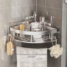 1 Bathroom Corner Shelf, Made Of Space Aluminum, No-Drilling Required. It Is A Triangular Wall-Mounted Shelf For The Bathroom, Toilet, Washstand, And Restroom Corner. Color: Silver. Bathroom Accessories Bathroom Tools