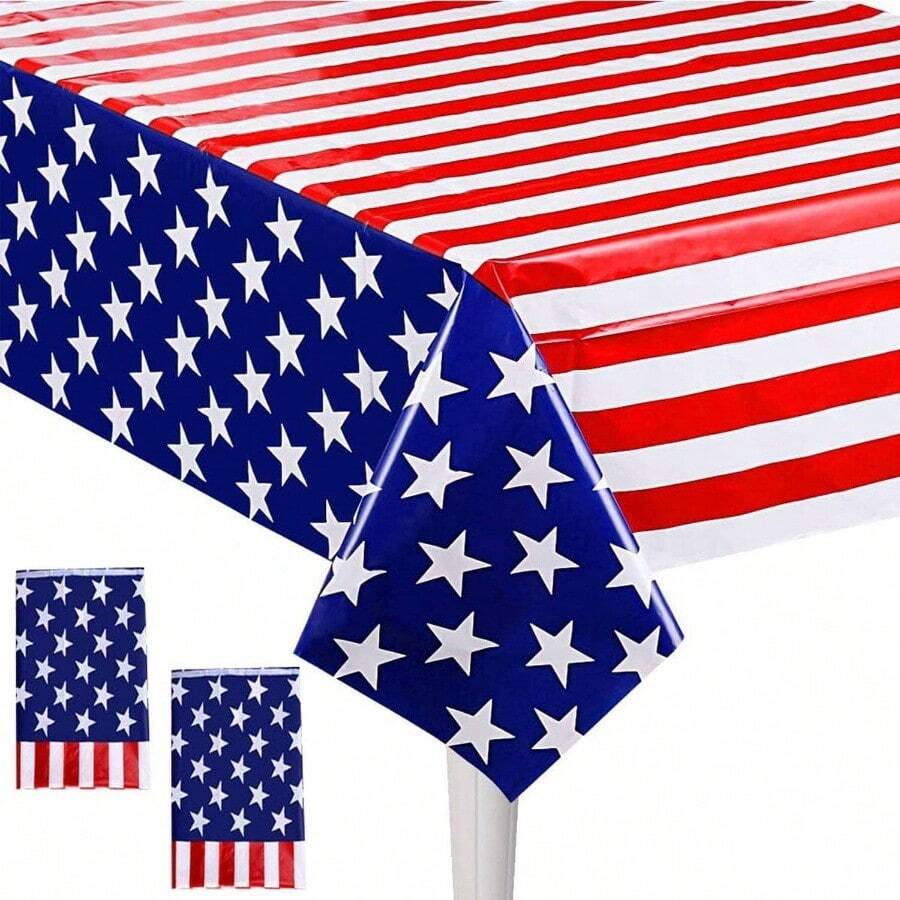 4th Of July Decoraion Plastic Tablecloth, 2 Pack Independence Day Disposable Table Covers Party Decoration, 54''x 109'' Rectangle Table Cloths - Ngày 4 tháng 7 + 2 - Xem 1