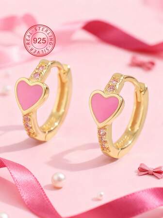 Artepollo Brincos em forma de coração de prata esterlina 925 para mulheres, brincos delicados com pingente em forma de coração revestido a ouro 14K com zircônia, hipoalergênicos e leves, embalagem em caixa de presente, presente para feriados