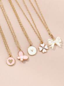 5pcs/Set Fashionable Bow, Clover, Bow Layered Necklace Set, Jewelry For Girls