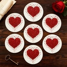 6pcs/Set Round Wooden Coasters - Heart Shaped Decorative Drink Coasters, Suitable For Home And Restaurant Table Decor, Housewarming Gift, Valentine's Day Gift, Valentine's Day Table Decor, Kitchen Holiday Decor, Can Be Purchased As 1 Set Or 31 Sets - Red - View 4