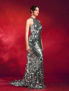 Grey Sleeveless Backless Sequin Maxi Evening Gown - Grey - View 4
