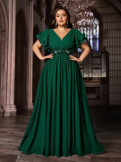 经典加大码曲线女士雪纺深V领晚礼服优雅正式连衣裙纯色短荷叶袖亮片网纱细节长款连衣裙