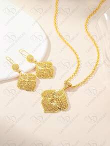 Bộ trang sức nữ mạ vàng hạt đồng 2 món - bông tai và dây chuyền, thích hợp cho tiệc tùng, đám cưới, kỷ niệm, quà tặng ngày lễ, và đeo hàng ngày. - Vàng - Xem 4