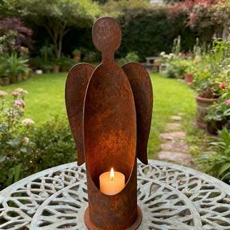 1 pieza Decoración de ángel de metal vintage desgastado, ornamento para ambiente romántico de jardín al aire libre, soporte de vela creativo a prueba de viento, adecuado para cualquier festividad, vela no incluida