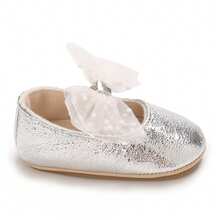 Baby Girl PU Dress Flats Soft Soles Dot Print Mesh Bow Mary Jane Shoes Casual Walking Shoes For Newborn Toddler - Bạc - Xem 9