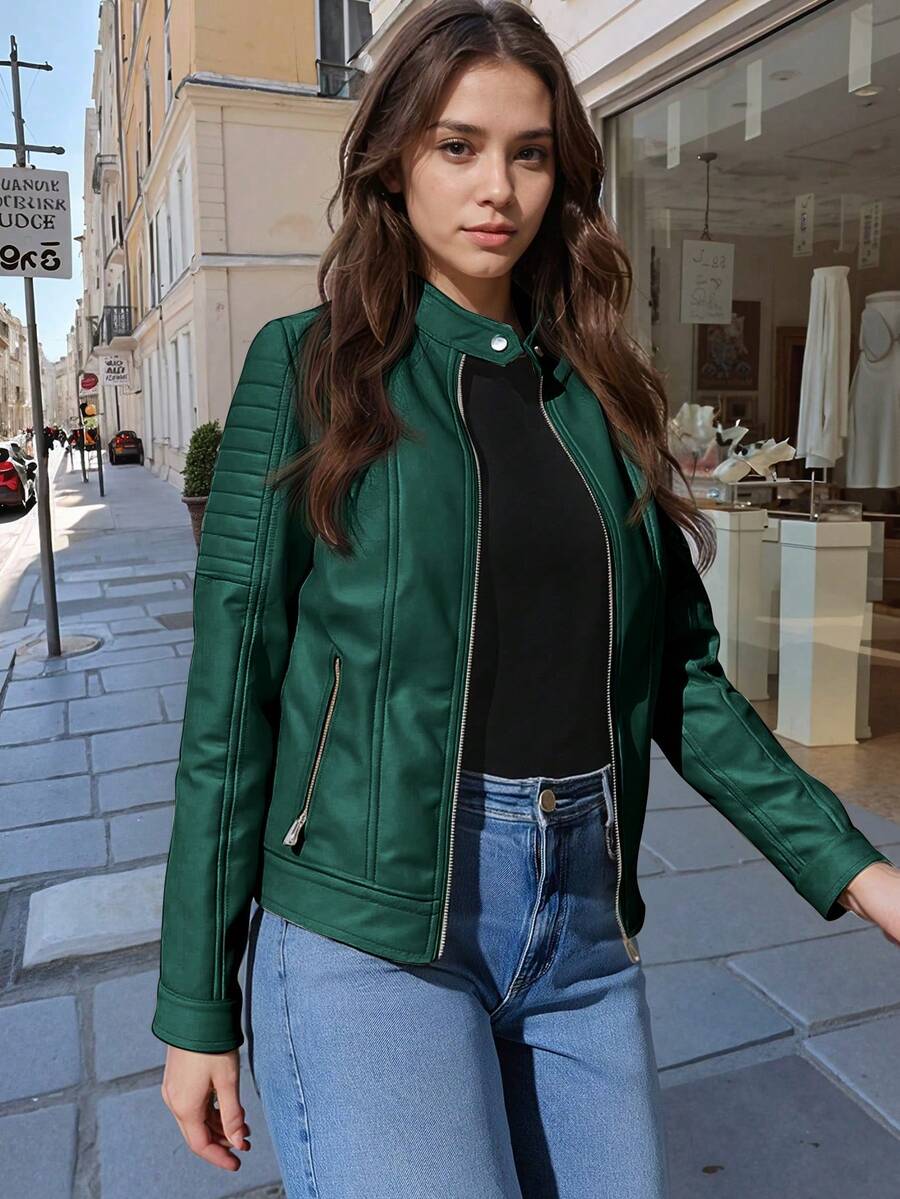 Giolshon 女士秋冬 PU 皮革夹克，街头风格设计，带拉链口袋，适合城市通勤和旅行，兼具时尚与实用性。
