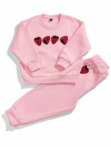 2件套女童秋冬长袖圆领卫衣和运动裤套装，时尚亲肤，柔软舒适 - 粉色 - 查看 7