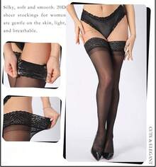 Thigh High Stockings Silicone Lace Top Stay Up Silky Semi Sheer Pantyhose For Women Hold Up - 黑色 - 查看 3