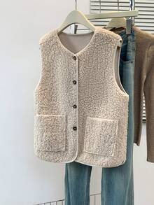 YUXIN Must - Have For Women In Autumn And Winter! Soft Faux Shearling Sleeveless Cardigan Vest With Dual Pockets, Ultra - Warm And Versatile For Daily Wear Summer - Apricot - View 3