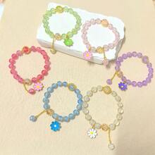 6件套时尚玻璃珠手链，配向日葵和雏菊吊坠，适合女性日常佩戴 - 粉+藍+紫+綠+白+玫紅 - 查看 7