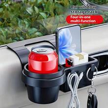 Portable Car Door Cup Holder, Beverage Rack, Side Door Car Window Phone Slot, Hanging Storage Rack, Car Organizer With Dual Hooks And Charging Port