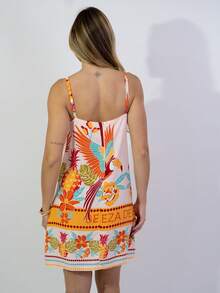 Short Dress With Zipper In The Back, Printed Summer Design. - Coral Pink - View 5