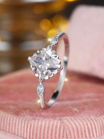 1 Piece S925 Sterling Silver Square Ring, Single Large Square-Cut Cubic Zirconia Centerpiece, Geometric Statement Jewelry For Women, Perfect Luxury Anniversary Gift.