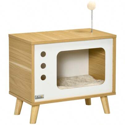 PawHut TV-Style Cat House, Includes Play Ball And Cushion, Cat Basket, Oak/Beige/White, 50x28x43cm