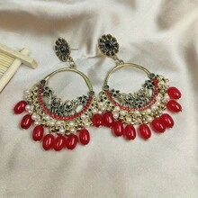Elegant Vintage Bohemian Earrings, Floral Carved Design With Long Bead Drop, Perfect For Daily Wear - Đỏ - Xem 7