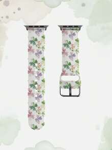 一条印有四叶草图案的硅胶智能手表表带。这款通用型 20-22 毫米表带具有广泛的兼容性：兼容华为 Watch GT3/GT4、三星 Galaxy Watch6 以及 Series 1 至 Series 9、SE 和 Ultra（表壳尺寸 38-49 毫米）。