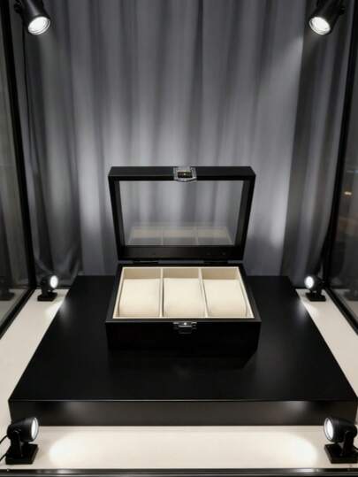 男士手表盒，三格手表展示盒，男士手表收纳盒，带玻璃盖的三格手表架，哑光黑。