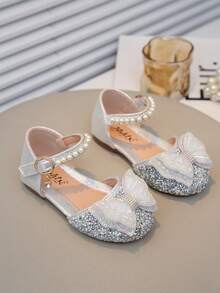 1 Pair Girls' Sandals With Pink Color, Crystal, Pearl, Bow Decor, Gliiter PU Patchwork Round Toe Flat Sandals, Suitable For Daily Wear, Dance, Outdoor, Festivals, Parties, Glitter Decorated Princess Shoes, Suitable For Spring, Summer, Autumn - Silver - View 4