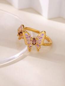 1枚珐琅紫色锆石蝴蝶戒指，男女通用，开口可调节，金色，时尚Y2K风格珠宝配饰，派对礼物 - 1 - 查看 7