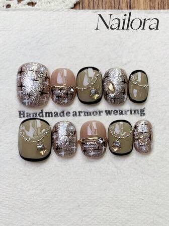 10 st handgjorda naglar runda naglar akryl press-on naglar korta naglar, lyxiga gröna, rosa naglar, glitterpulver fransk tip naglar, handmålade oregelbundna stjärnrutiga mönster svart kant, diamantpärlkedja oanvänd, enkla eleganta lyxiga höstnaglar, höst press-on nagel, mångsidiga naglar gör-det-själv lösnagelkonst fest dagligen och dejting lämplig användning i arbetsmiljö återanvändbar, för kvinnor och flickor som present nageltillbehör