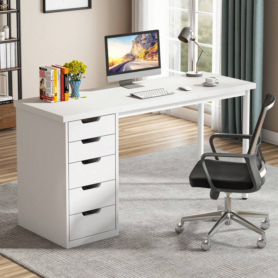 Tribesigns 47 Inches Computer Desk With 5 Drawers, Rustic Brown Home Office Desk With Storage, Modern Simple Laptop Desk Study Writing Table For Small Spaces, White - trắng - Xem 1