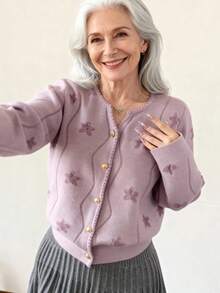 Livesso Women's Loose Business Casual Fashion Star All-Over Print, Fine Striped Color Block, Metal Button Decor Knit Cardigan, Suitable For Autumn & Winter - View 5