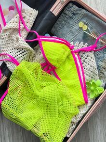 3件套优雅性感女士泳衣，休闲露背抽绳系带薄纱泳装，适合海滩、度假、生日派对、旅行 - 黃色 - 查看 3