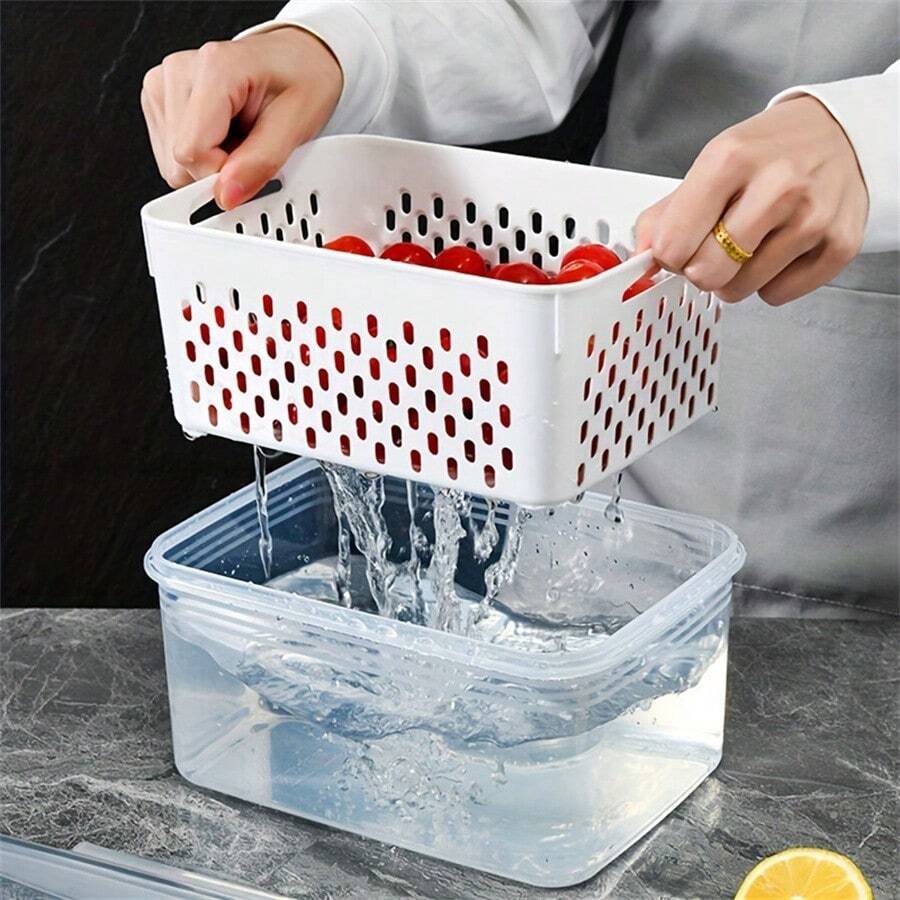 1 pieza/3 piezas Cajas de almacenamiento para refrigerador con tapas, cestas de drenaje extraíbles, divisores de alimentos multifuncionales, recipientes de almacenamiento de alimentos de plástico para organizar el refrigerador y almacenar bebidas, frutas, verduras, carnes, ensaladas, utensilios de cocina, artículos de despensa, adecuado para uso en exteriores, campamento - Transparente - Ver 1